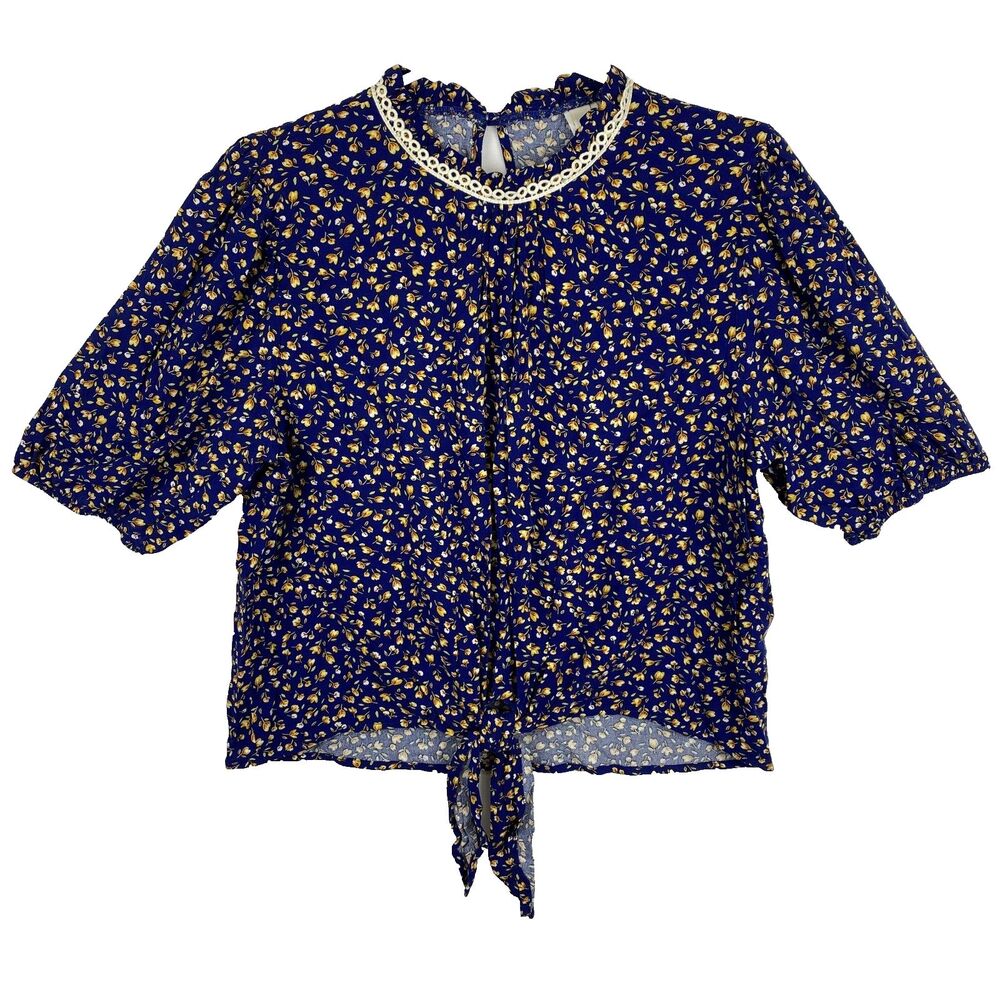 Blue Floral Print Half Sleeve Top Rayon Blouse Women Size L - Picture 2 of 10
